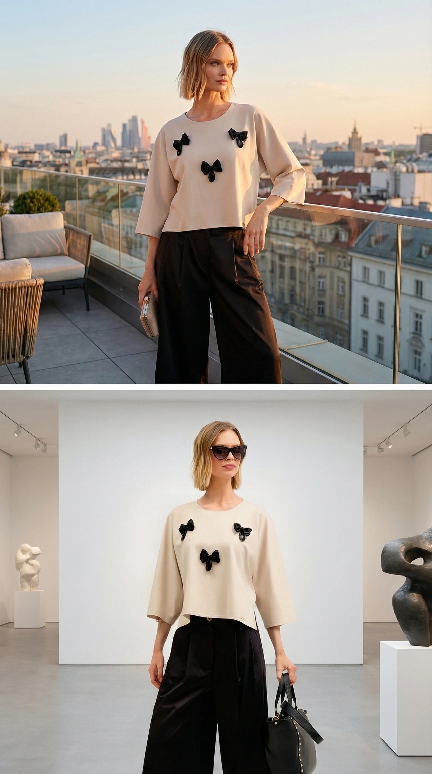 Blusa Cristina Barros Bege com Aplicações de Laços Pretos
