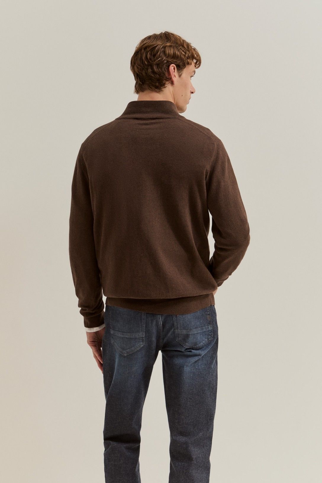 Camisola de homem em algodão e caxemira com meio fecho — Castanho Terra — Lion of Porches