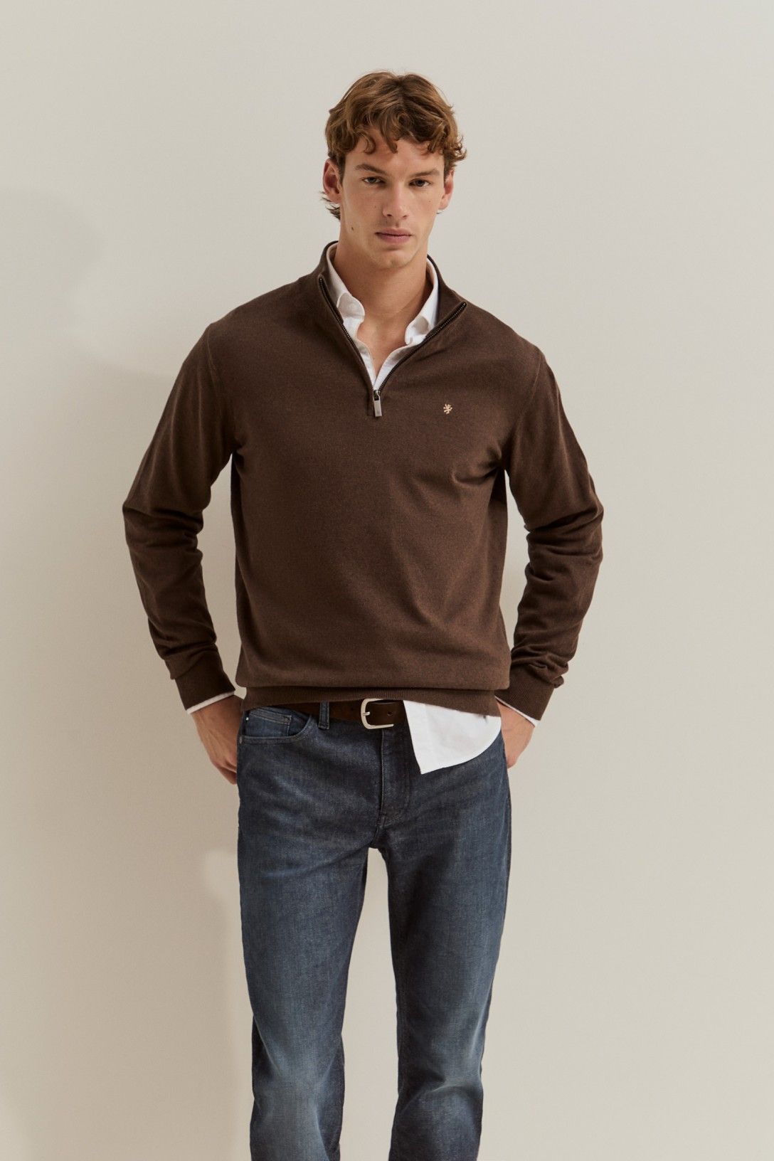 Camisola de homem em algodão e caxemira com meio fecho — Castanho Terra — Lion of Porches