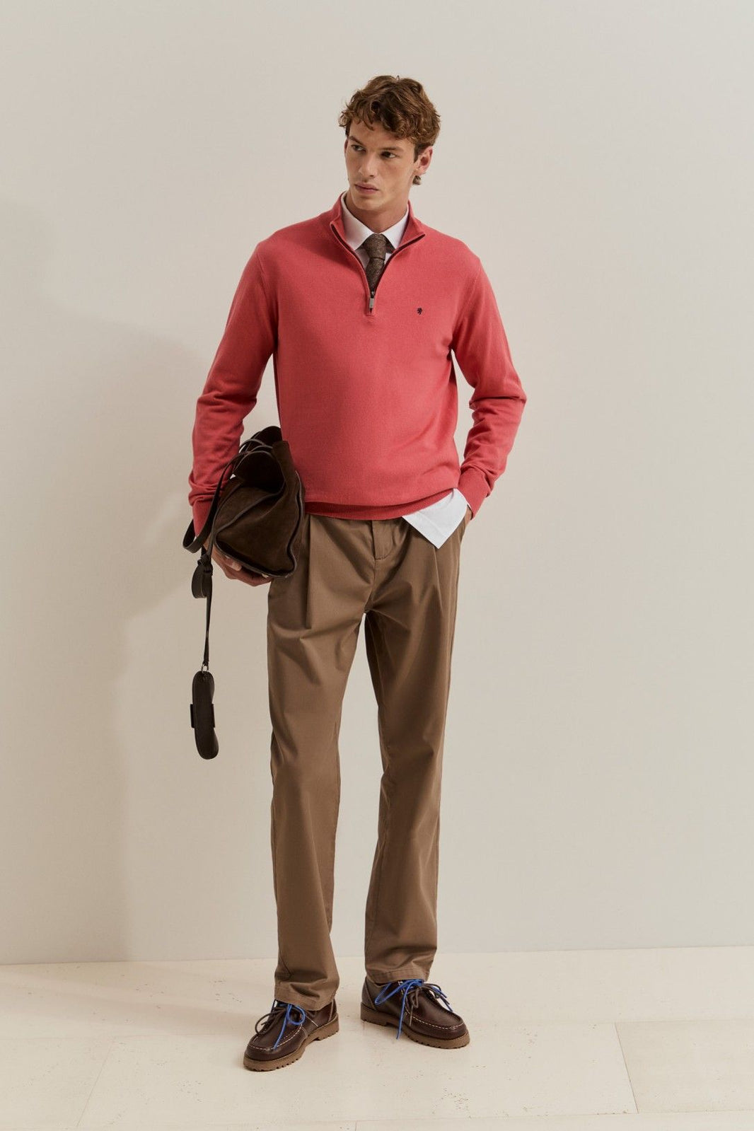 Camisola de homem em algodão e caxemira com meio fecho — Coral — Lion of Porches