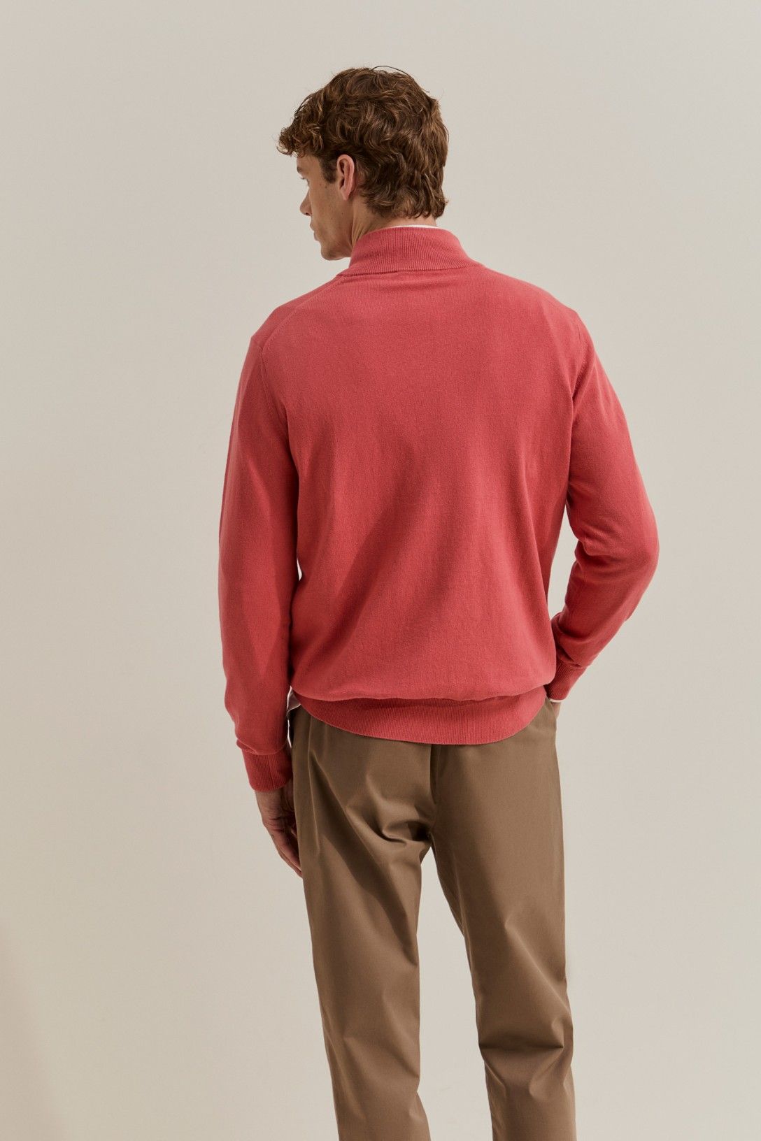 Camisola de homem em algodão e caxemira com meio fecho — Coral — Lion of Porches