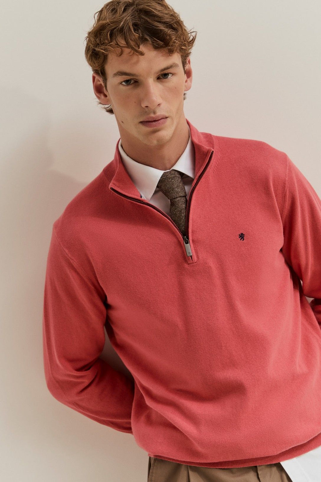 Camisola de homem em algodão e caxemira com meio fecho — Coral — Lion of Porches