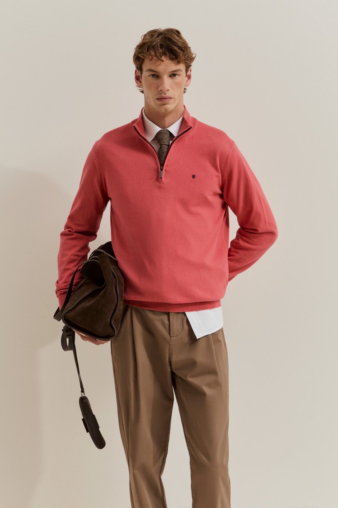 Camisola de homem em algodão e caxemira com meio fecho — Coral — Lion of Porches