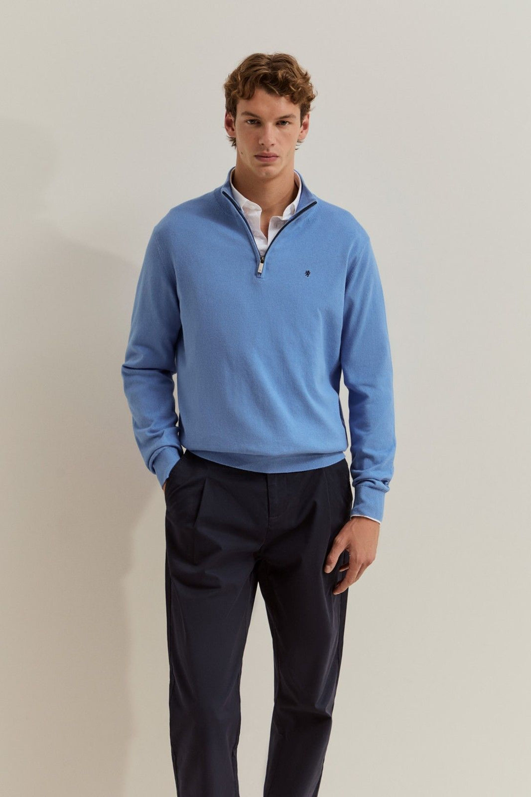 Camisola de homem em algodão e caxemira com meio fecho — Azul — Lion of Porches