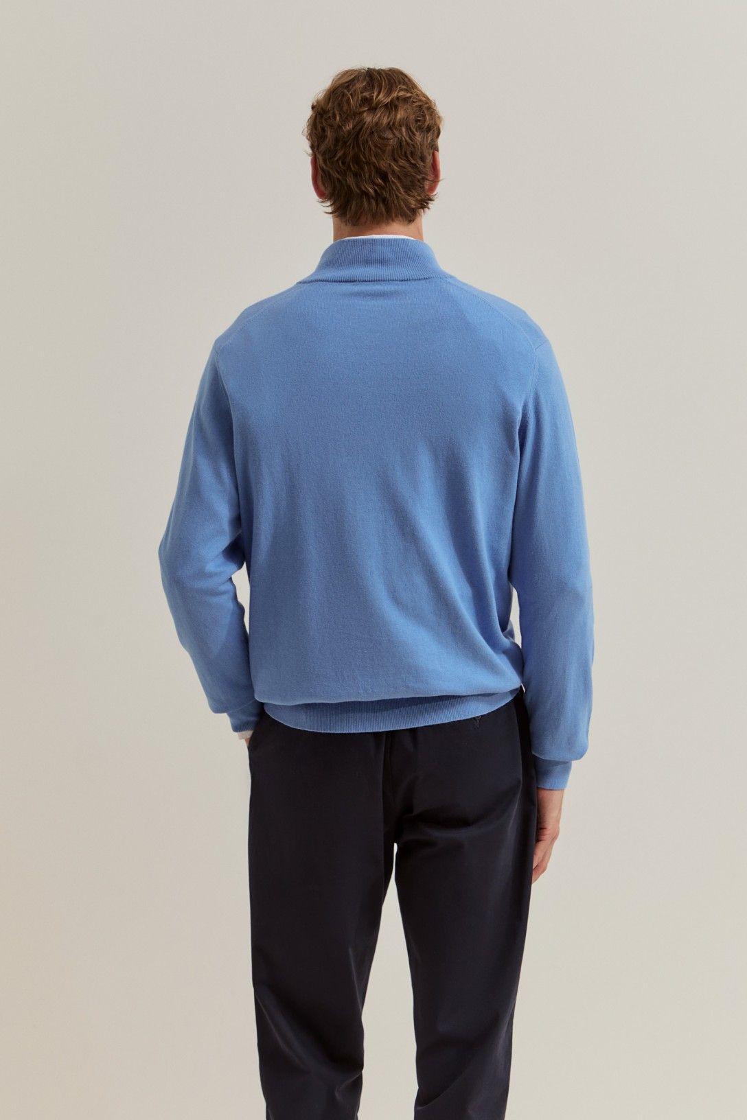 Camisola de homem em algodão e caxemira com meio fecho — Azul — Lion of Porches