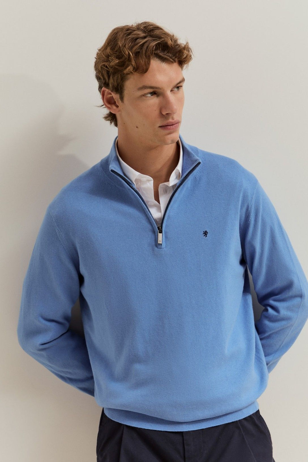 Camisola de homem em algodão e caxemira com meio fecho — Azul — Lion of Porches