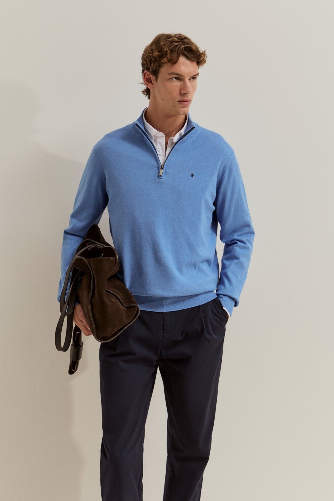 Camisola de homem em algodão e caxemira com meio fecho — Azul — Lion of Porches