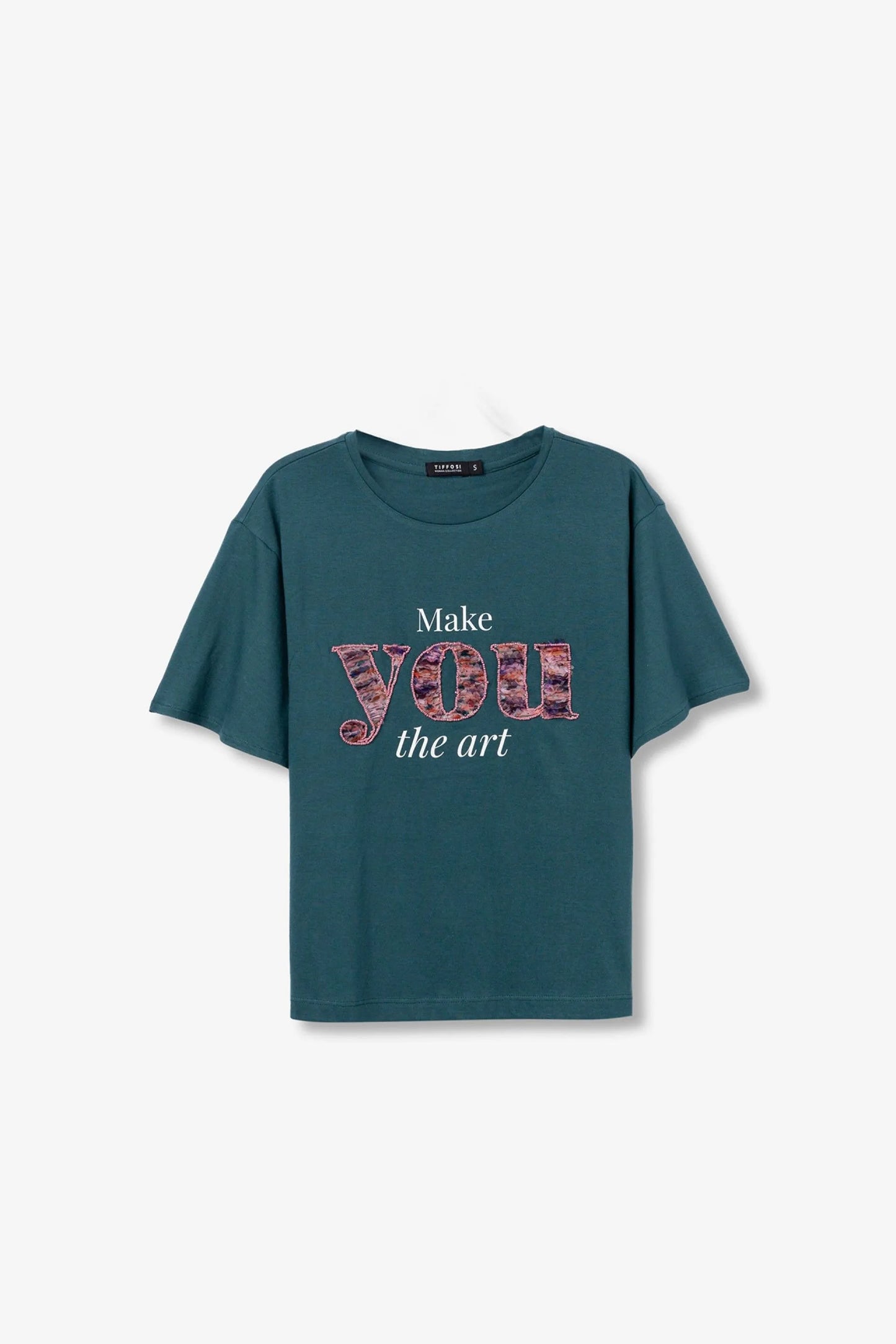 T-shirt Casual Tiffosi Verde com Lettering Floral para Mulher