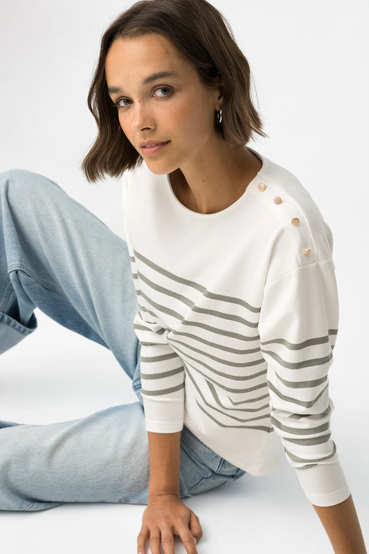 Sweater Riscas com Botões no Ombro