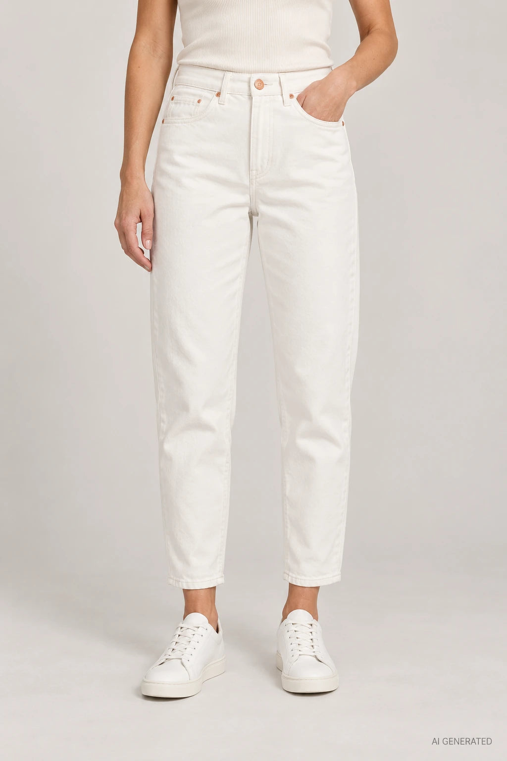 Calça Jeans Mom Slim em modelo — imagem gerada por IA