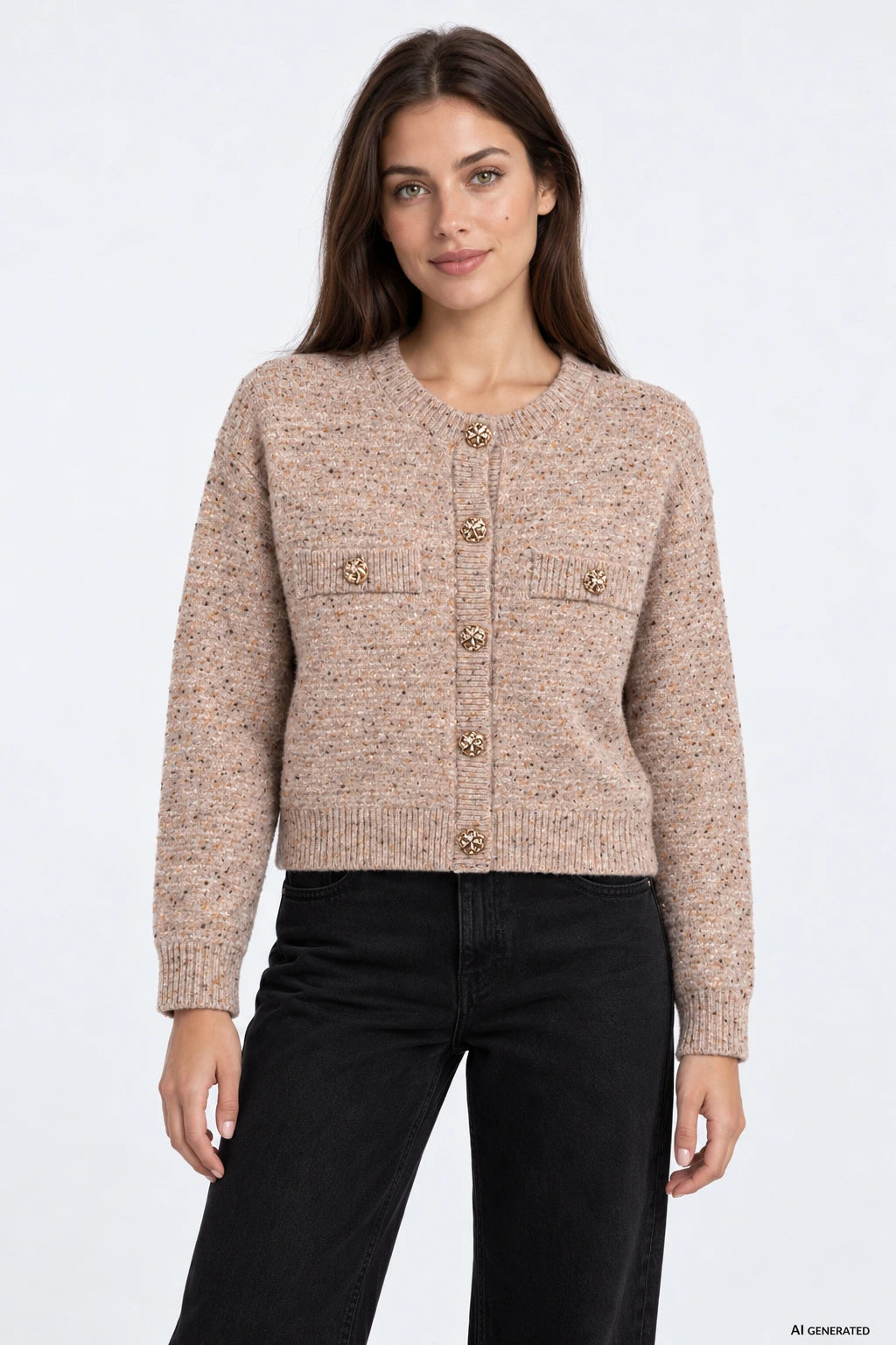 Cardigan Tiffosi Diadem — Portabella numa pessoa virtual adulta; imagem gerada por IA