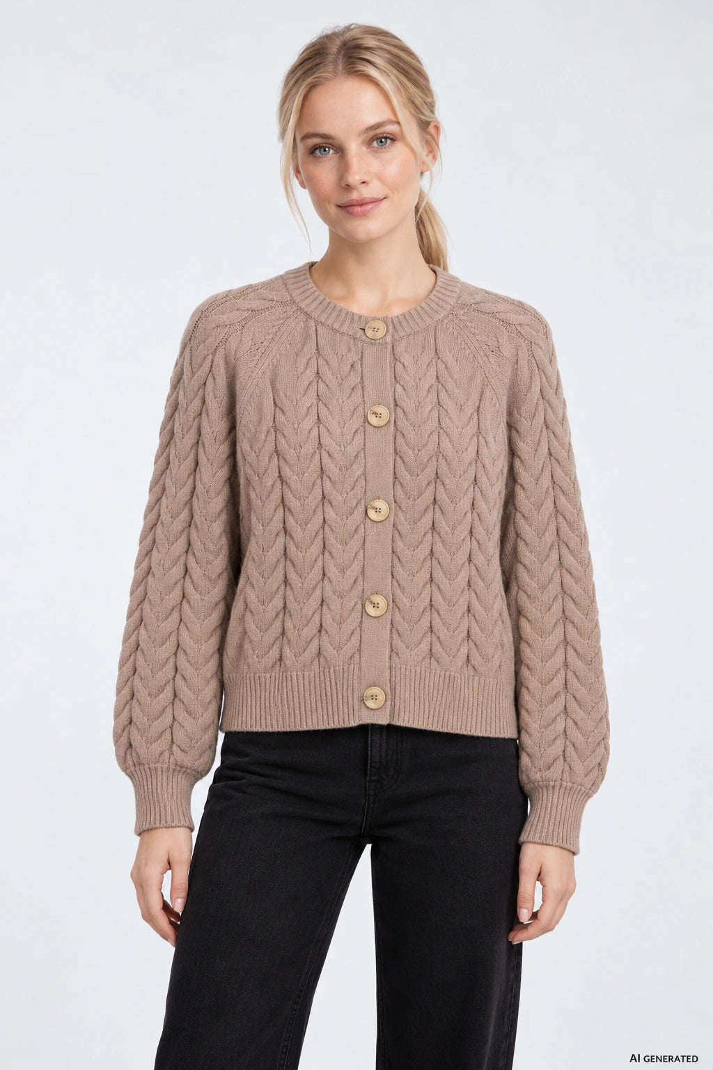 Cardigan Tiffosi Artemisia Mulher — Portabella numa pessoa virtual adulta; imagem gerada por IA