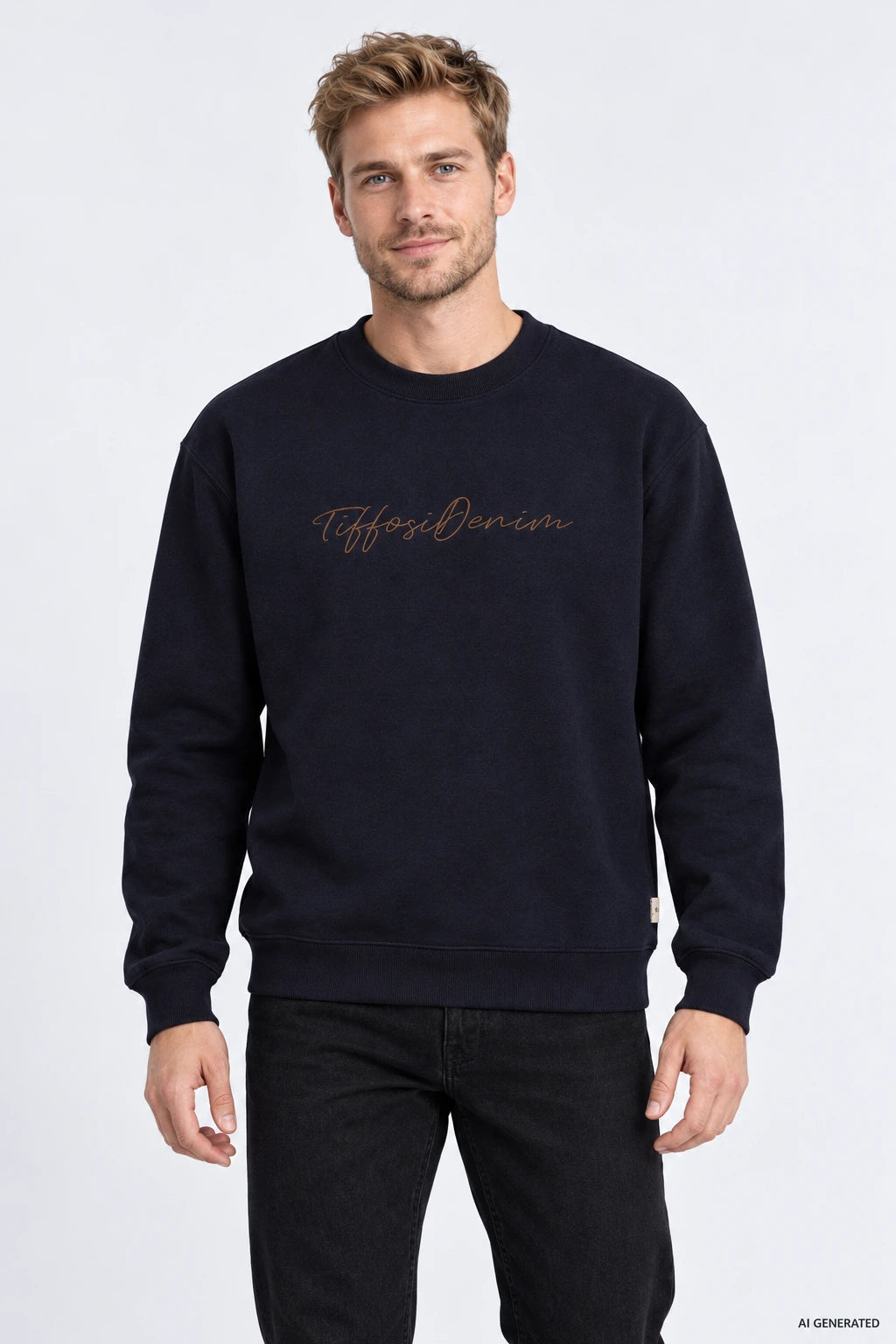 Sweatshirt Tiffosi Ford Homem — Twilight Blue numa pessoa virtual adulta; imagem gerada por IA