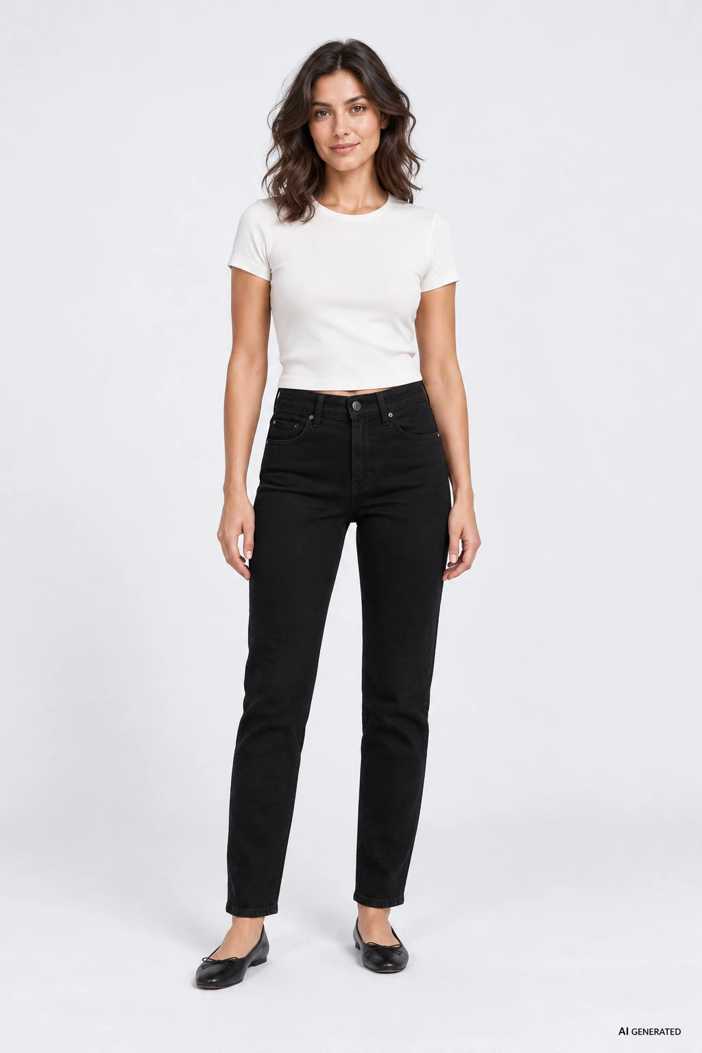 Jeans Tiffosi Lauren 384 10068644, Preto P0028, apresentados por uma modelo virtual — imagem gerada com IA.