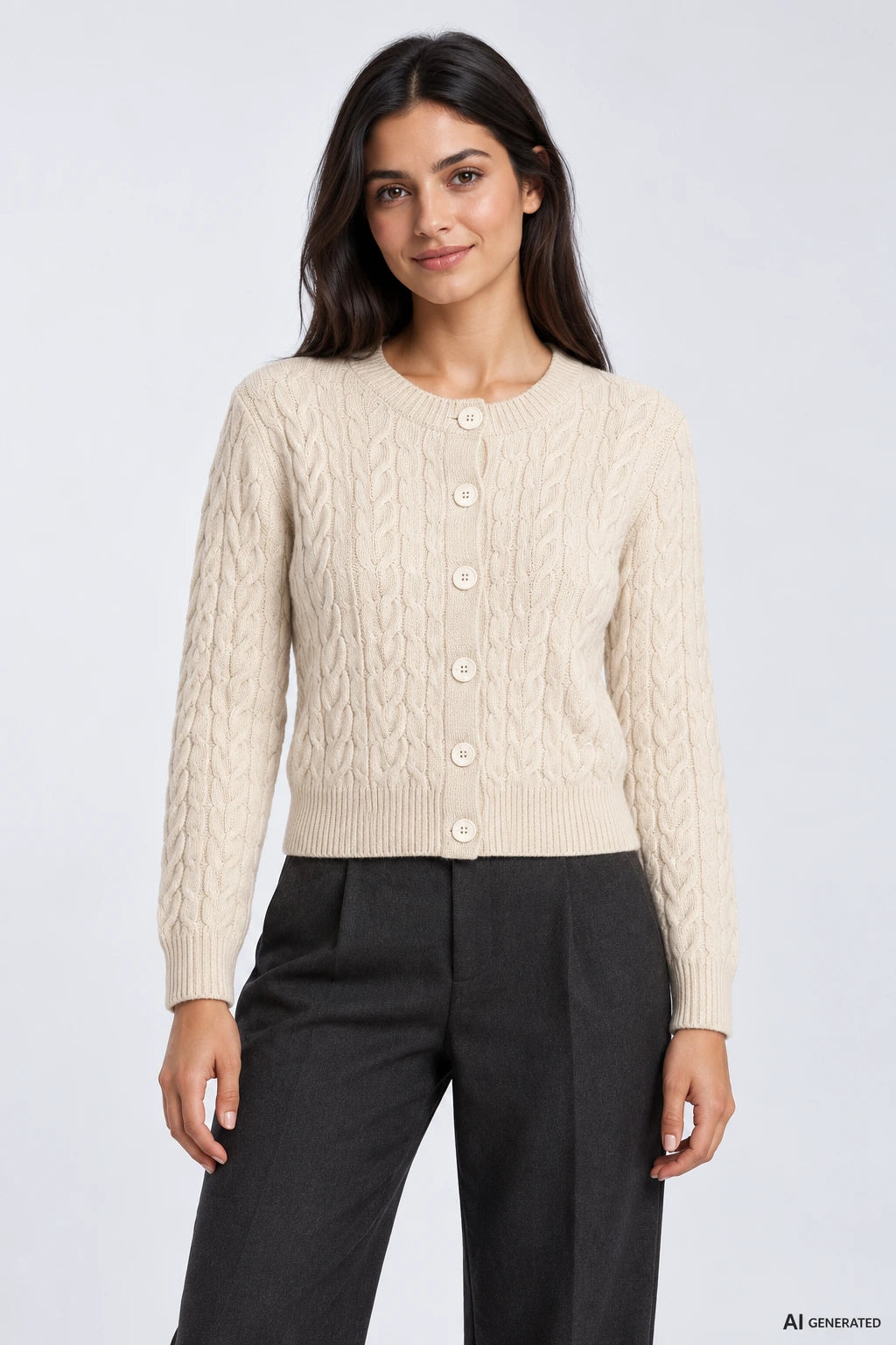 Cardigan Tiffosi Limnoria 2 numa modelo virtual adulta — imagem gerada por IA